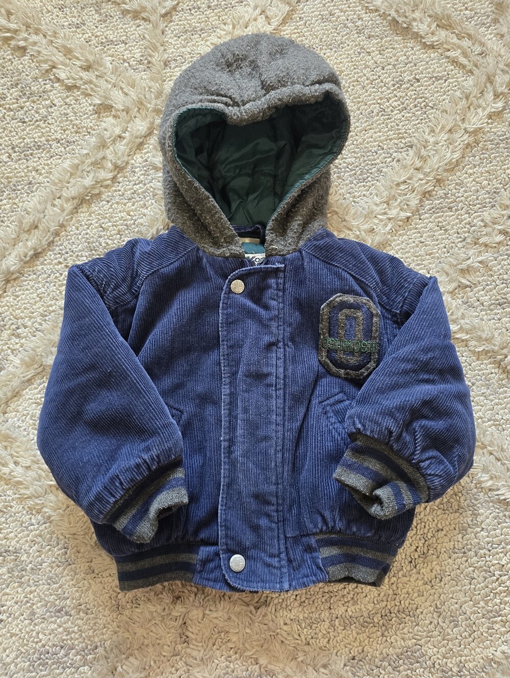 90s OshKosh B'gosh Toddler Varsity Corduroy Jacket Blue 2T Hooded Bomber Puffer